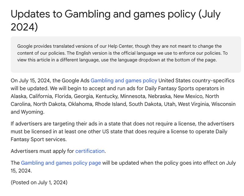 Gambling Policy update