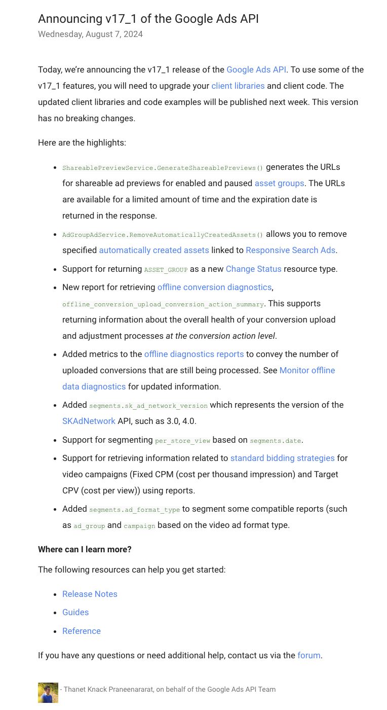 Google announced the release of v17_1 of the Google Ads API
