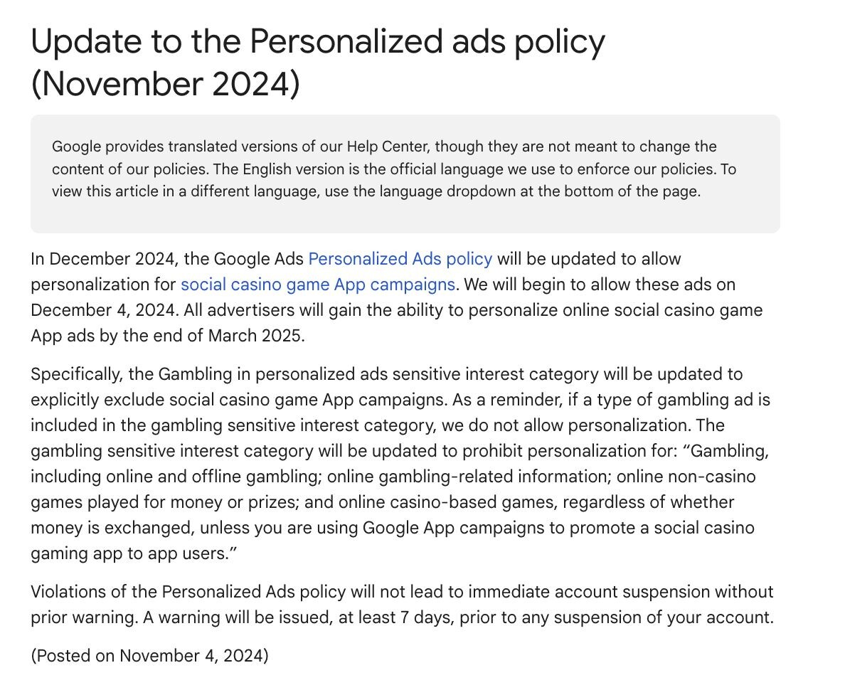 Personalized Ads Policy Update