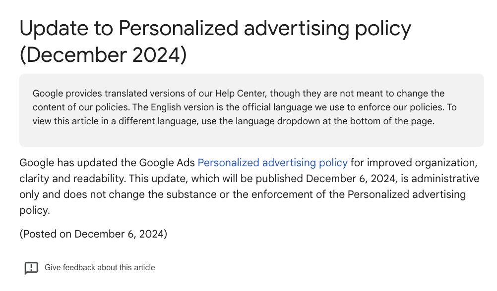 Update Google Ads Personalized advertising policy