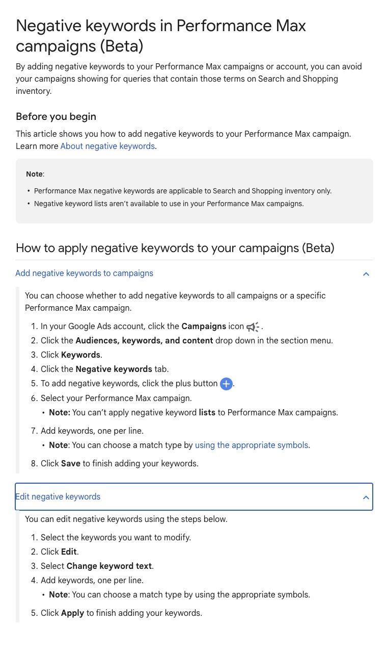 Google just released the page for negative keywords in Pmax!