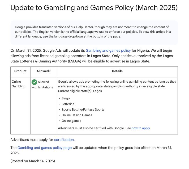 Gambling and games policy update Nigeria