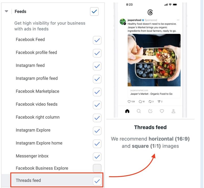 Threads feed placement