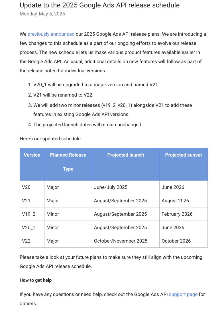 Update to the 2025 Google Ads API release schedule