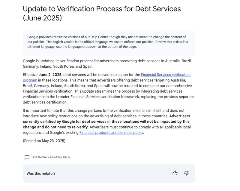 Debt Services Verification Update: