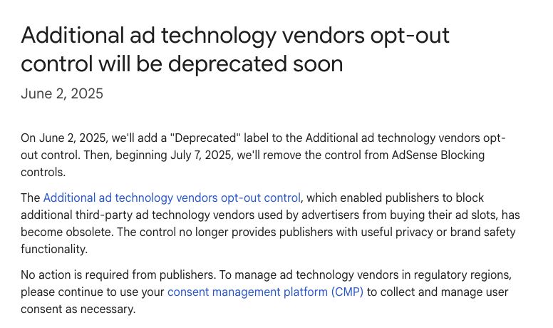 Depreciation of Additional ad technology vendors opt-out
