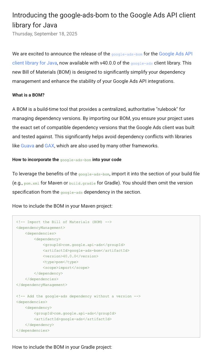 Google introduces google-ads-bom for Java client library