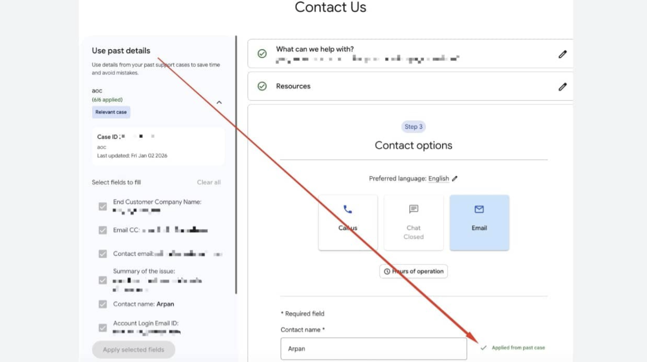 Google Ads support form now auto-fills details from past cases