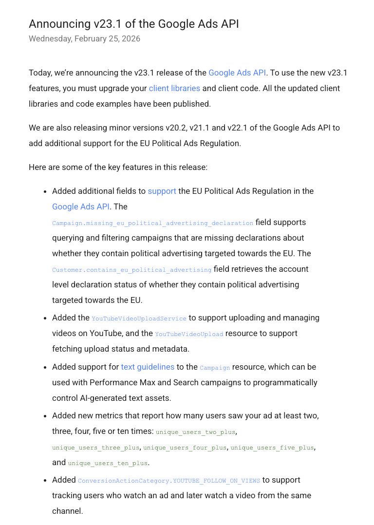Google Ads API v23.1 is now available