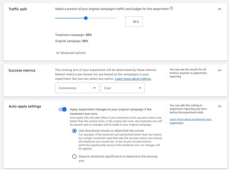 auto-apply setting in experiments