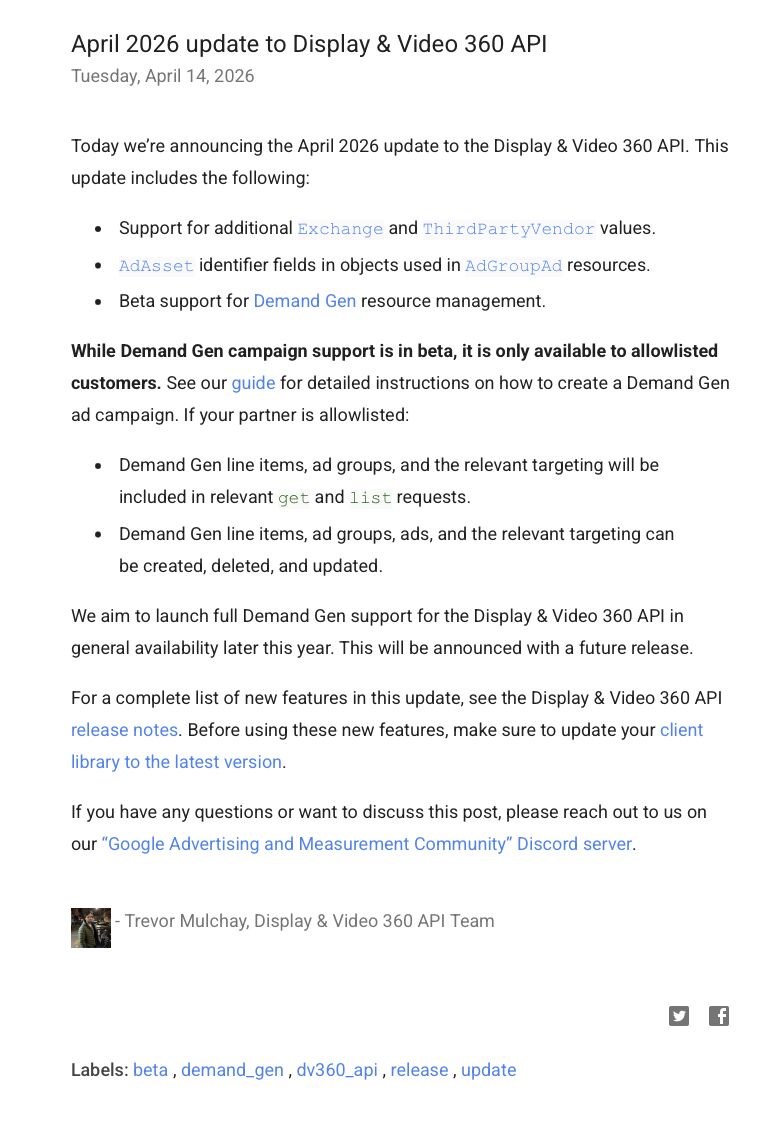 Display & Video 360 API — April 2026 Update