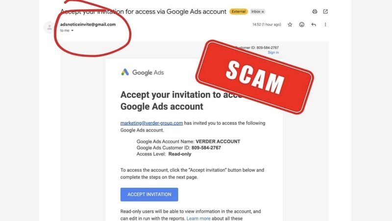 Phishing alert for Google Ads advertisers