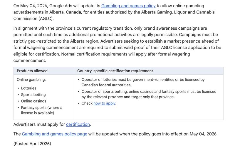 Google Ads gambling and games update