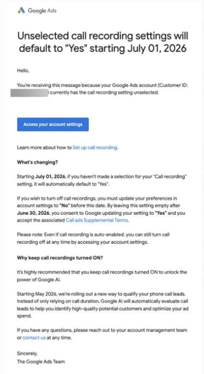 Google Ads Update: Call Recording Will Default to ON