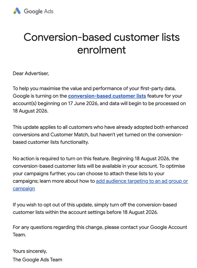 Conversion-based customer lists enrolment