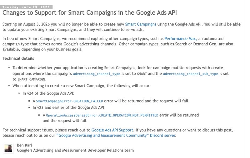 Google Ads API Ends New Smart Campaign Creation