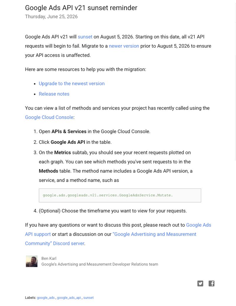 Google Ads API v12 sunset reminder