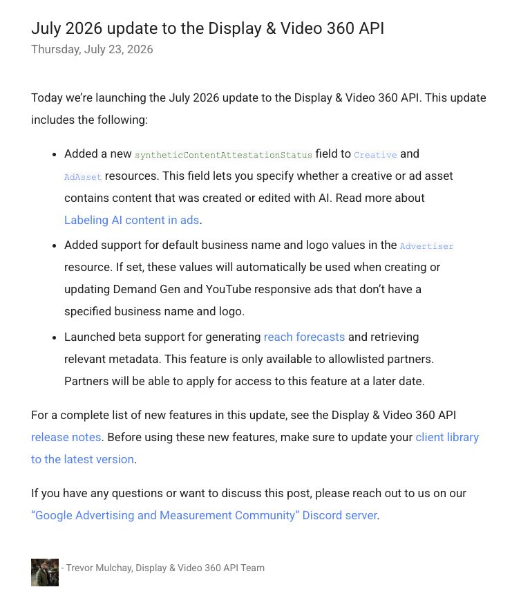 Update to the Display & Video 360 API