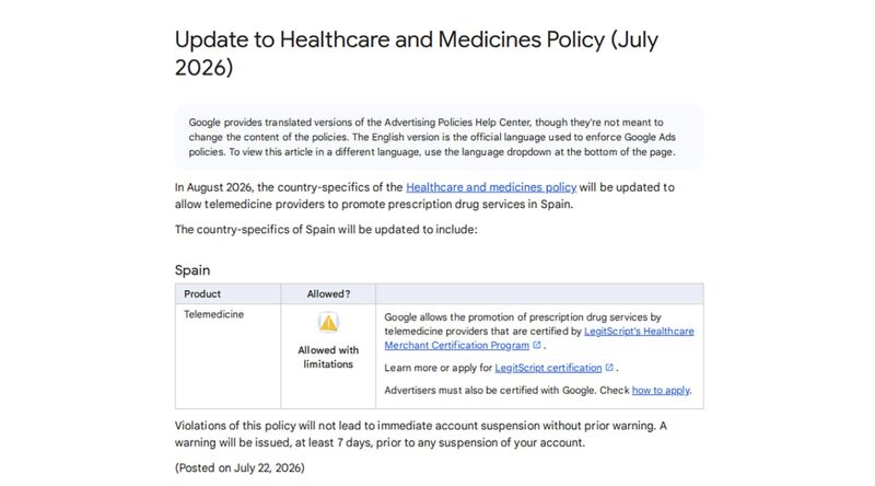 Google Opens Spain to Telemedicine Ads