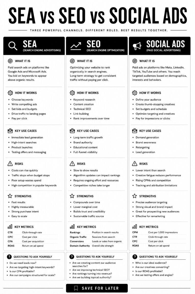 SEA vs SEO vs Social Ads