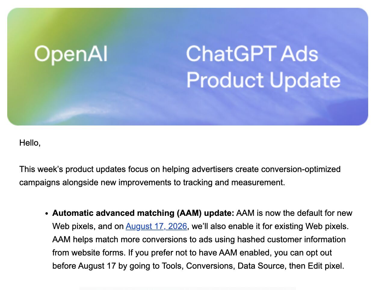 ChatGPT Ads Product Update