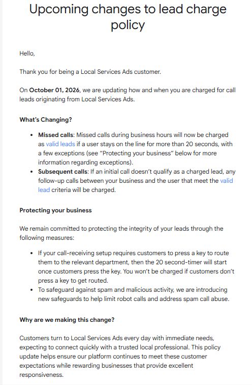LSA Charges Missed Calls
