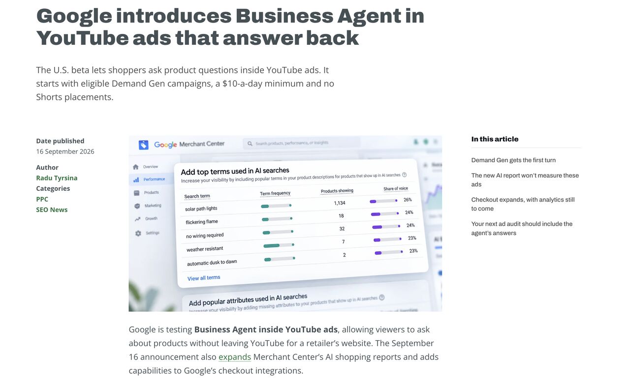 Google Tests Business Agent in YouTube Ads