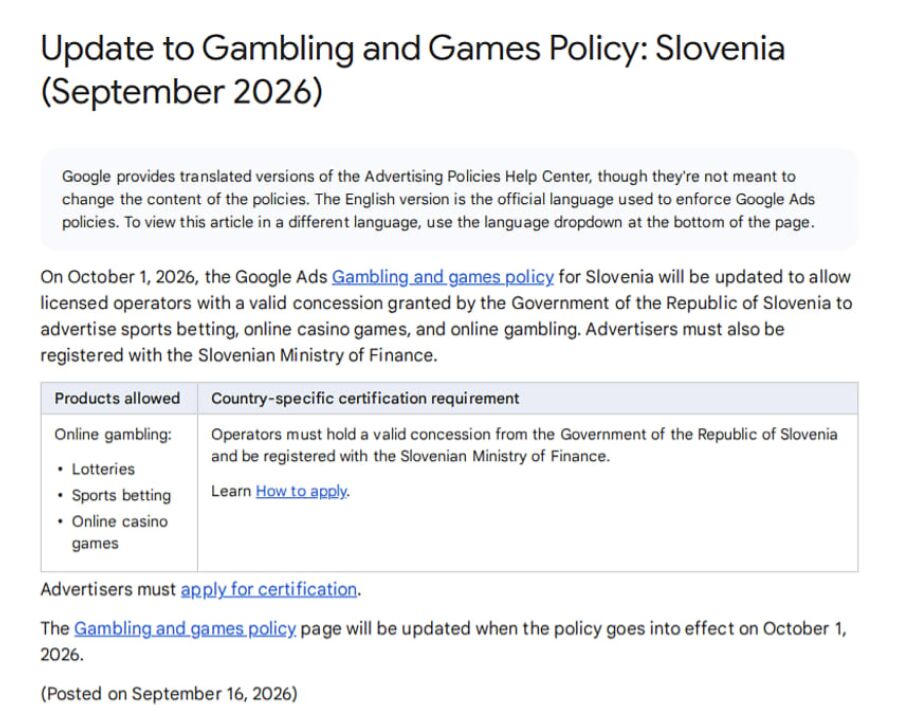 Google Updates Gambling Ads in Slovenia