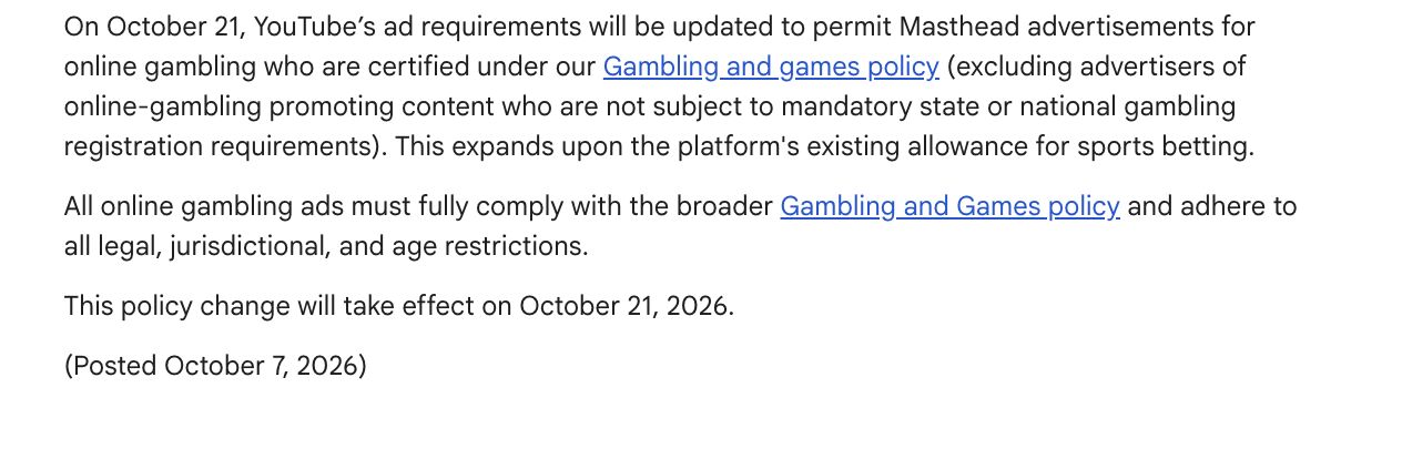 YouTube Allows Gambling Masthead Ads