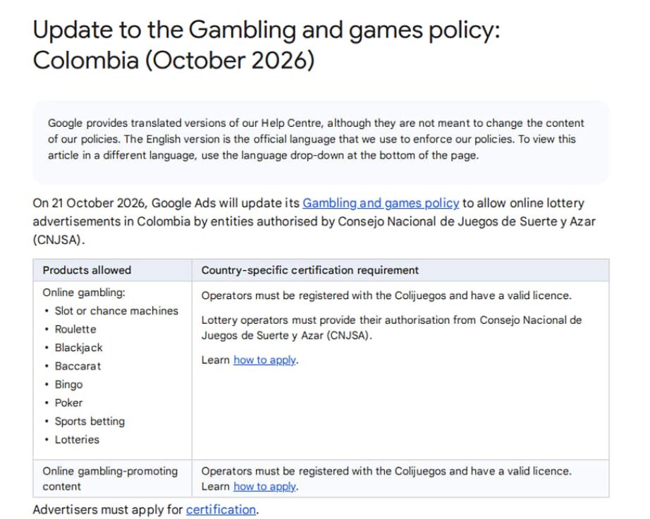 Update to the Gambling and games policy Colombia